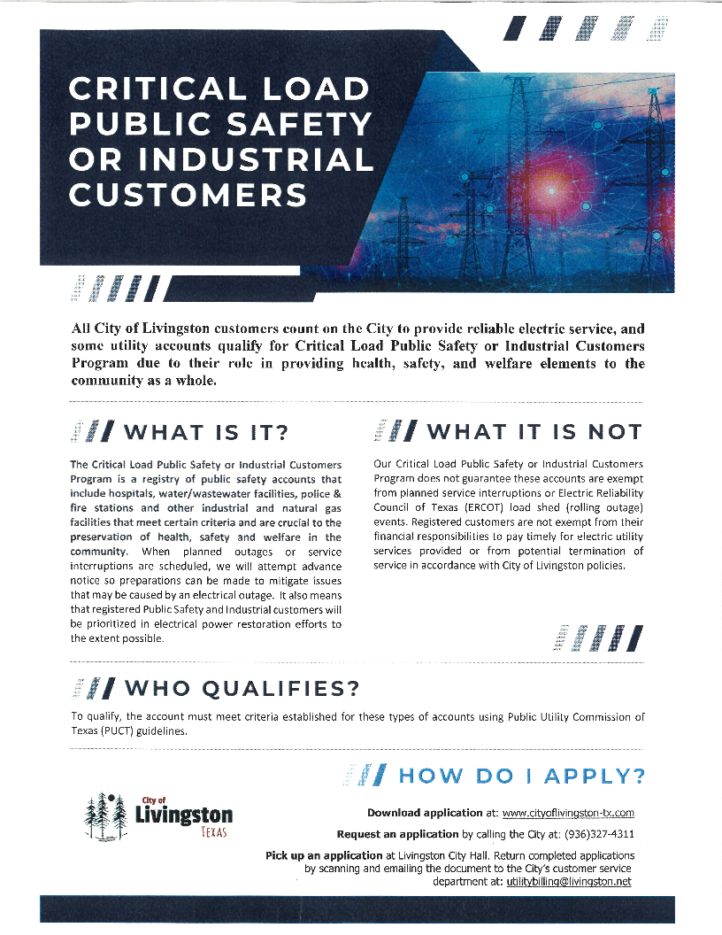 Critical Load Public Safety or Industrial Customer Information
