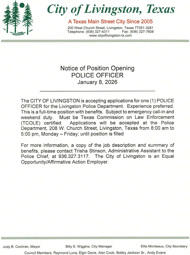 Notice of Position - Police Officer POSTED 1-8-2026